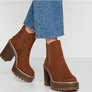 Steve Madden Kamora Ankle Boots Faux Suede Chunky Block Heel Platform, Brown